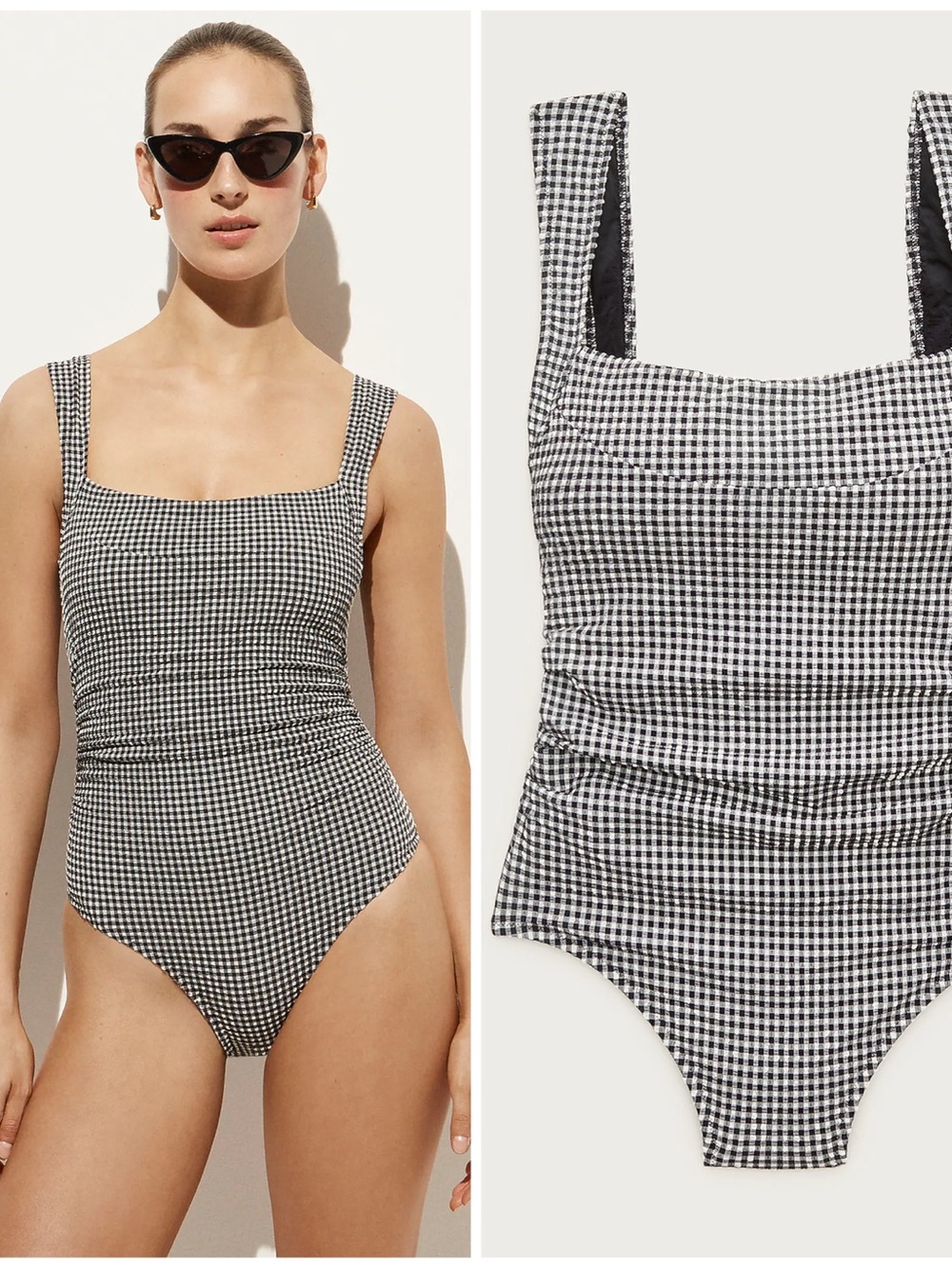 NWT J.Crew Nia Ruched Squareneck One-Piece Gingham Black Ivory 6 Long Torso